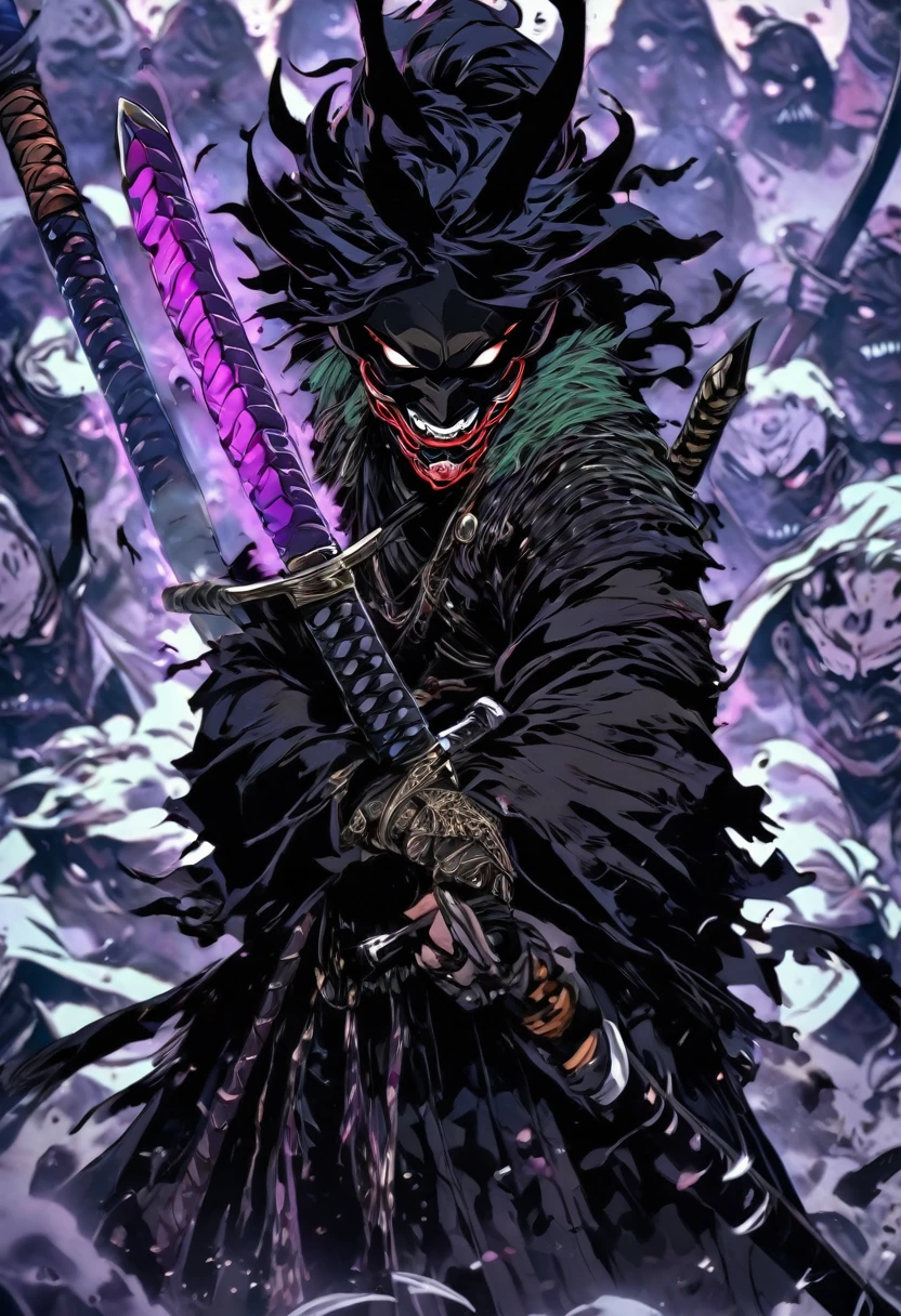 demon mask, sword on the hand,close up, black heavy detailed clothes, hand katana, art, dark and malevolent, hand sword, armor, powerful and intimidating, (masterpiece, best quality, ultra-detailed, best shadow), (detailed background, dark fantasy) dramatic light, intricate details, dark and malevolent, powerful and intimidating, Dark and foreboding, malevolent force, sinister and chilling, armor, high detailed background, girl in demon slayer art, demon slayer art style, epic anime art, God death