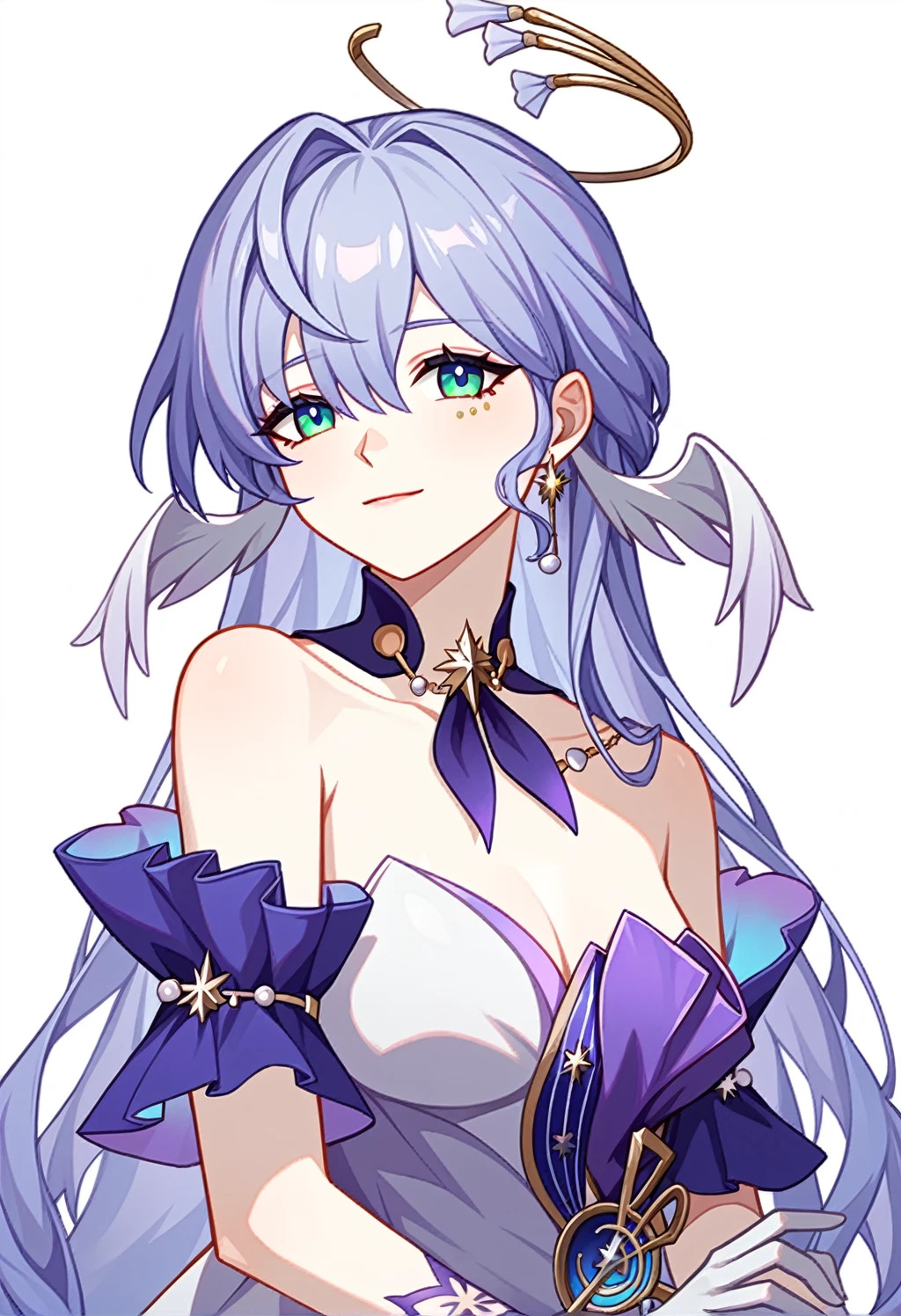 1girl, robin_\(honkai:_star_rail\), bare_shoulders, head_wings, white_dress, white_gloves, detached_sleeves, short_sleeves, aqua_eyes, long_hair, halo, purple_dress, hair_between_eyes, earrings, purple_hair