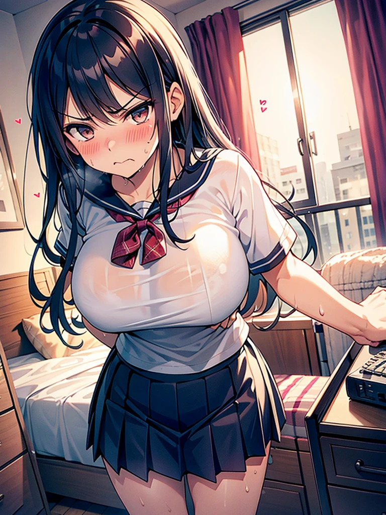 Grabbing a dildo inserted in her pussy, Pleated skirt, My Room, (Angry face, blush, Sweat), standing, navy long hair, Big Breasts