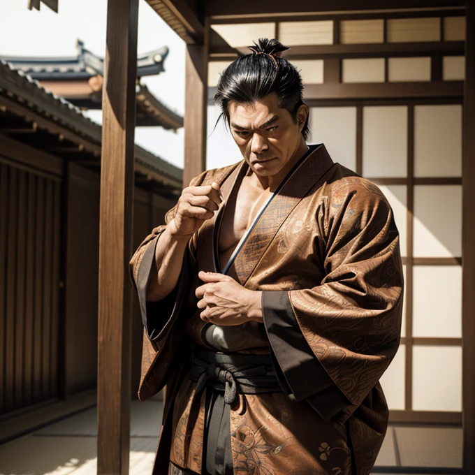 ((Masterpiece)), ((highly detailed)), a samurai, muscular body, big body, strong body, brown male kimono, tattsuke pants, katakana, samurai hair style, shaved face, age 50, angry face, full body, 