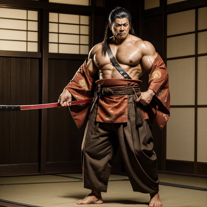 ((Masterpiece)), ((highly detailed)), a samurai, muscular body, big body, strong body, brown male kimono, tattsuke pants, katakana, samurai hair style, shaved face, age 50, angry face, full body,