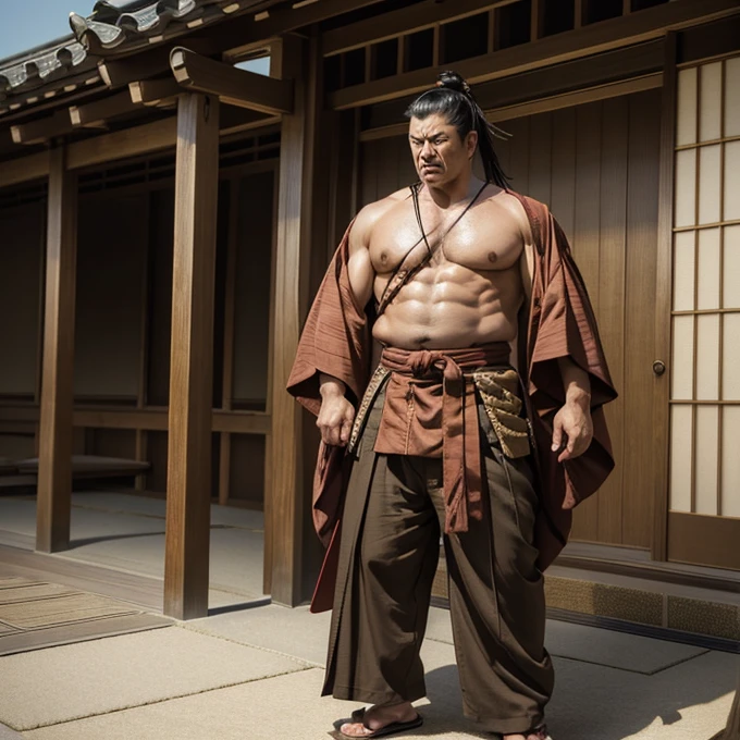 ((Masterpiece)), ((highly detailed)), a samurai, muscular body, big body, strong body, brown male kimono, tattsuke pants, katakana, samurai hair style, shaved face, age 50, angry face, full body,