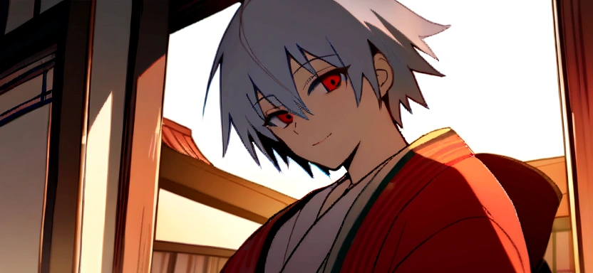masterpiece, best quality, 1boy, kaworu nagisa, cute, hot, elegant, seductive, red eyes, ancient japan background, boy wearing female kimono, revealing kimono, red decorative kimono, hair accessories, holding fan, smiling sweetly
