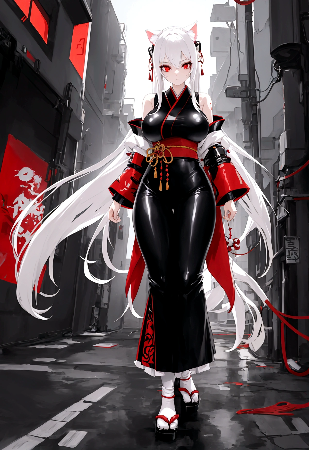 Make a full body character with 2D graphics based on current anime 4k-8k The character is 22 years old. Mature body with big breasts and curves. Eyes red, white cat ears, long white hair down to the ankles. Cat's furry tail. The outfit is a mix of traditional Japanese kimono, Qipao chines stylized in a cyberpunk way. The colors of the clothes are predominantly white with details of blood red and gold.. With sock 3/4 black and white, sandalhas ninja estilo cyberpunk.