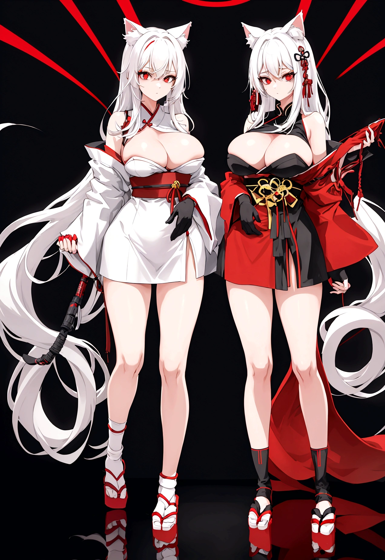 Make a full body character with 2D graphics based on current anime 4k-8k The character is 22 years old. Mature body with big breasts and curves. Eyes red, white cat ears, long white hair down to the ankles. Cat&#39;s furry tail. The outfit is a mix of traditional Japanese kimono, Qipao chines stylized in a cyberpunk way. The colors of the clothes are predominantly white with details of blood red and gold.. With sock 3/4 black and white, sandalhas ninja estilo cyberpunk.