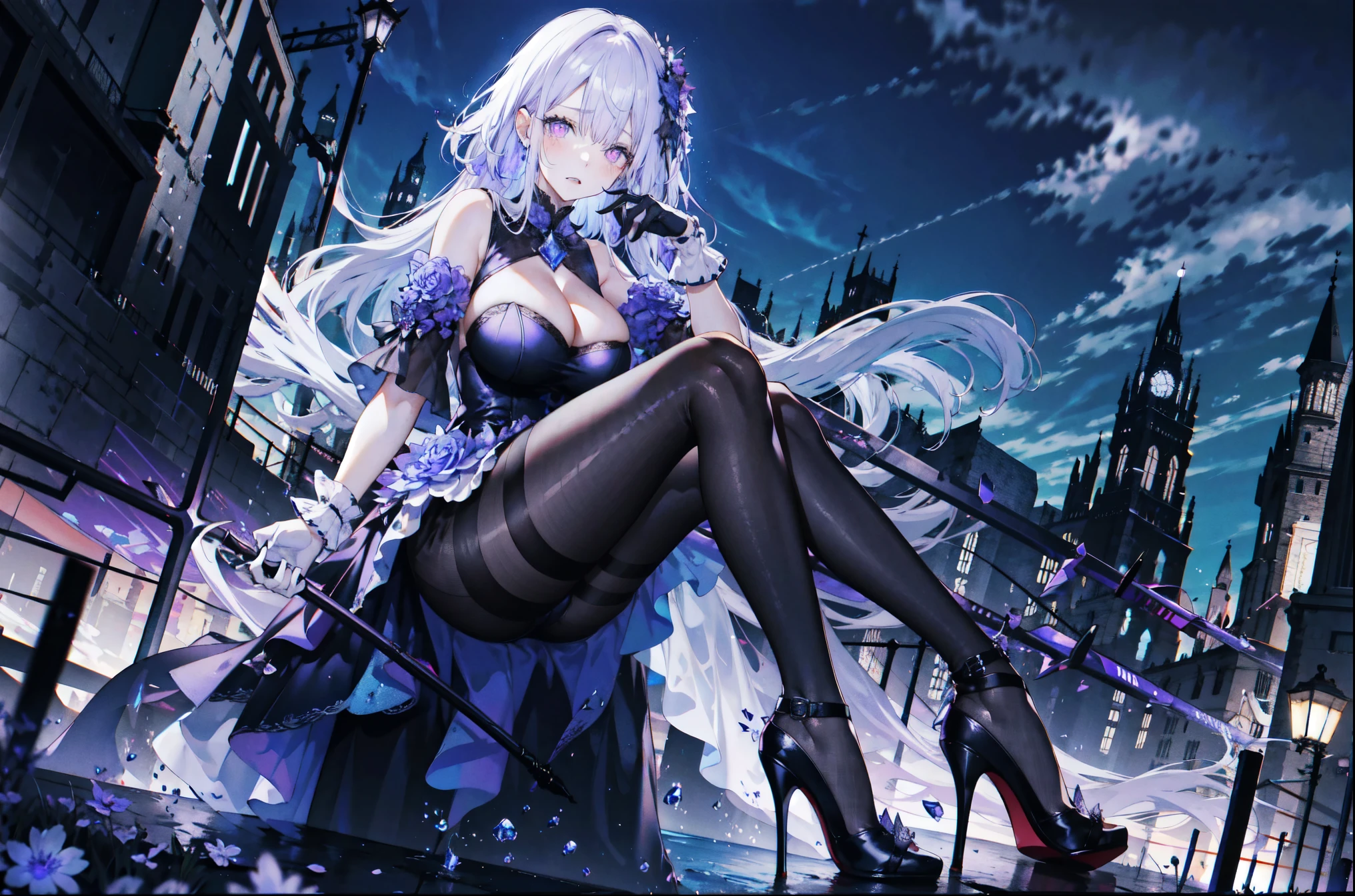 ((masterpiece:1.4,best quality)),(Super detailed),(Extremely detailed eyes),(Shiny socks:1.5),Hello Darkness
(Cute girls),,(Blood-red pupils,Diamond-shaped pupil:1.15),Purple Eyeshadow,(elongated hair,Thick hair,Single ponytail,shiny hair:1.5)(Changes through:1.2),despair,sad,Empty eyes,tears streaming down my face,tilting its head to the side,
(She wore a blue dress,:1.5),(Black gloves:1.4)Very long plush sleeves,White,White Cloud,Dream bubbles ,Ice and glitter effects
(Black long skirt:1.1),
((Starry Sky:1.2)),
(Intense black and white:1.16),(Depth of Field:1.4),,Intricate details,(((Detailed background,Castle in the Sky,Purple flowers by the lake))),(((Huge breasts,Bare breasts,Deep cleavage,White stiletto high heels,Transparent clothes)))