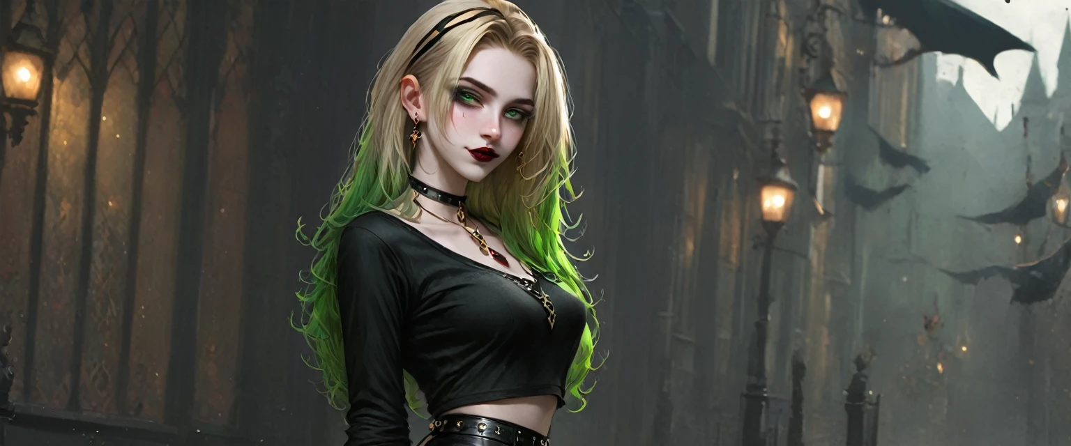 1Girl, 25 years old, Long hair, full body pose , looking from the side at viewer, Blonde hair, (Dark Goth Jester:1.5), green eyes, (Gothic jewelry:1.1), full entire body, tightly fitting top, pencil skirt, red lips, realistic, beautiful nose, flirting with the camera.(Color palette gold and steel black:1.3), photorealistic, realism,