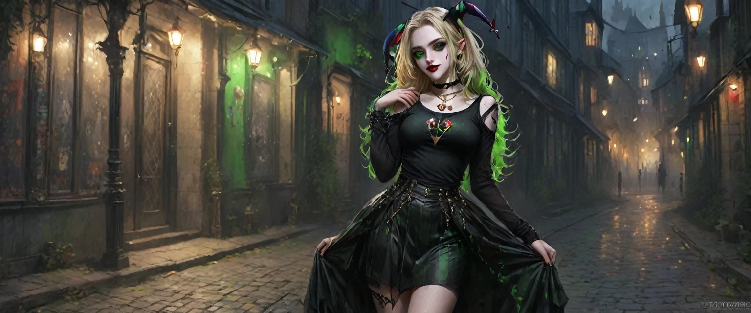 1Girl, 25 years old, Long hair, full body pose , looking from the side at viewer, Blonde hair, (Dark Goth Jester:1.5), green eyes, (Gothic jewelry:1.1), full entire body, tightly fitting top, pencil skirt, red lips, realistic, beautiful nose, flirting with the camera.(Color palette gold and steel black:1.3), photorealistic, realism,