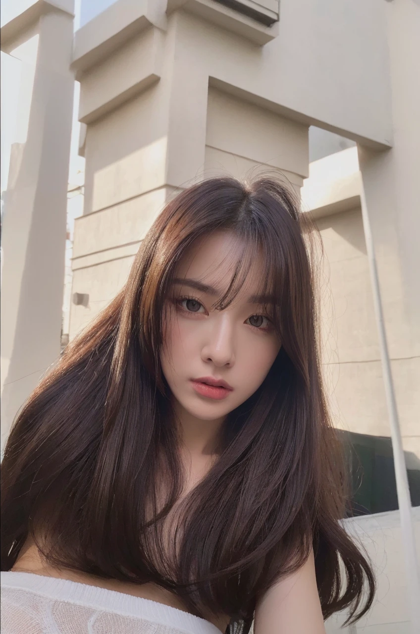 ((Realistic lighting, Best quality, 8K, Masterpiece: 1.3)), Clear focus: 1.2, 1girl, Perfect Figure: 1.4, Slim Abs: 1.1, ((Dark brown hair)), (White crop top: 1.4), (Outdoor, Night: 1.1), City streets, Super fine face, Fine eyes, Double eyelids,