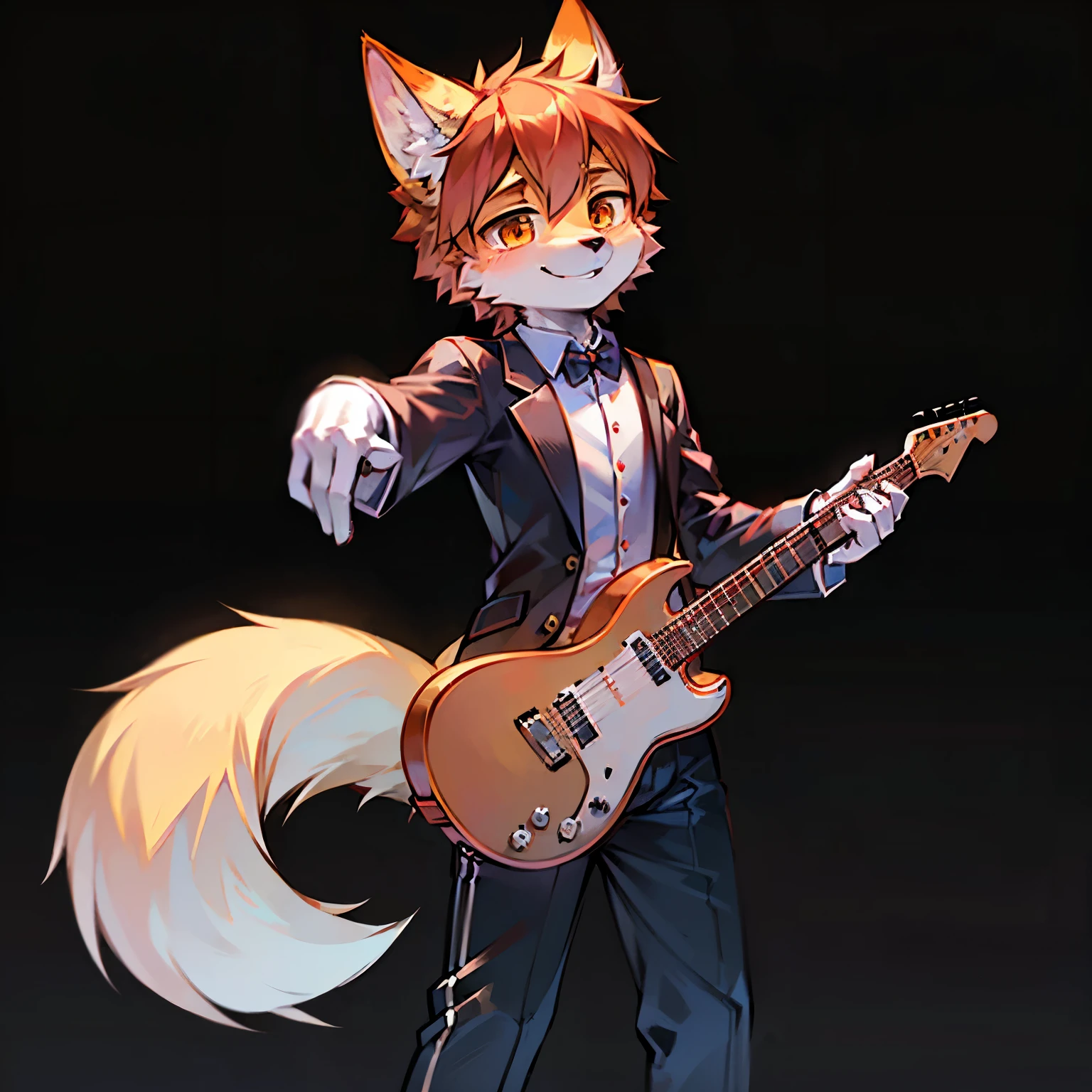 (high resolution,Masterpiece:1.2),boy,infancy,(Detailed anatomy,Correct anatomy:1.1),solo,Orange fur,Fox Boy,young boy,playing guitar,on the stage,(Furry:1.8),formal clothing,white gloves,smile,simple background,performance.