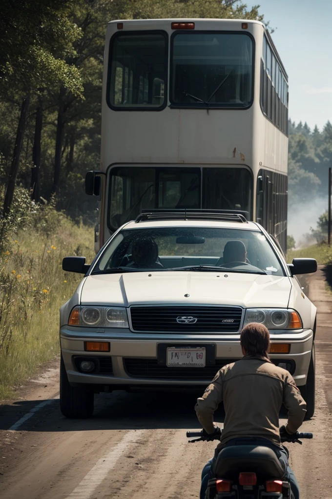 create an image of a realistic survival game, people are riding in cars