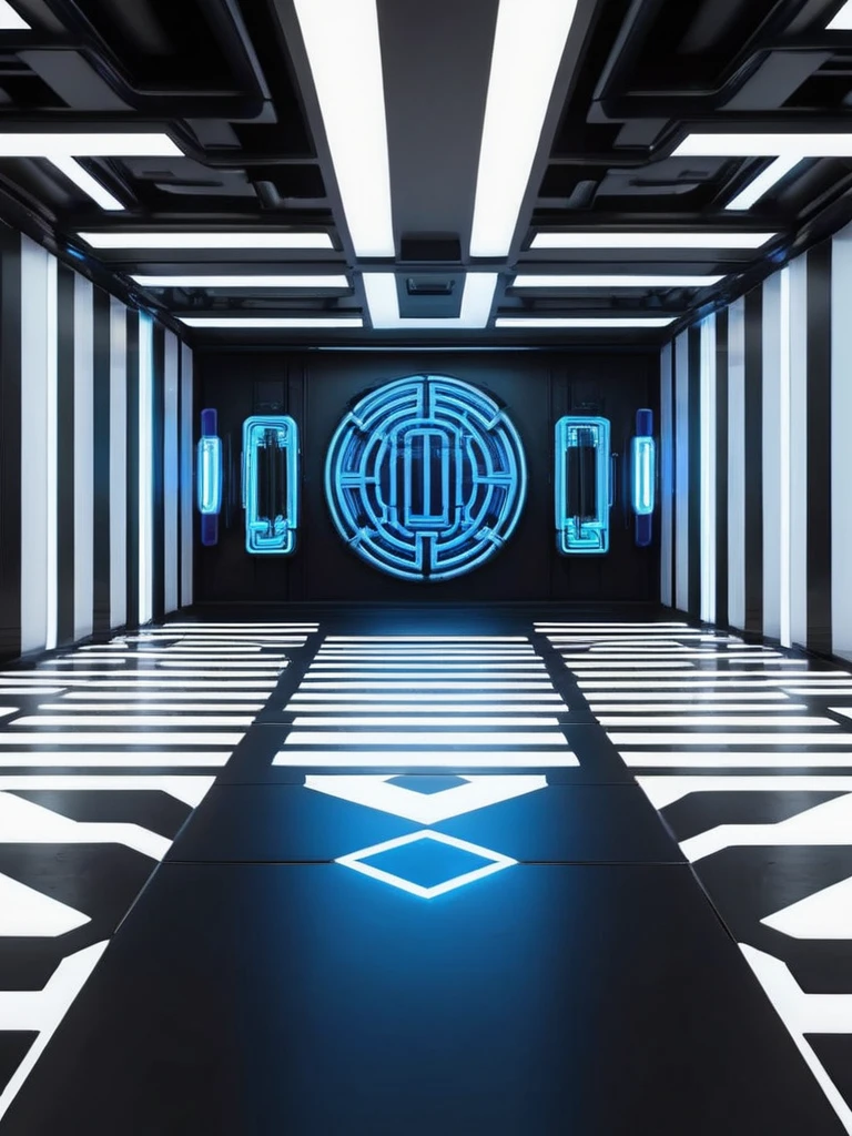 music producer studio, sala vacía con neones bluees, neon futuristic background image, symmetrical image, hell, White wall, negro, blue, abstract.
