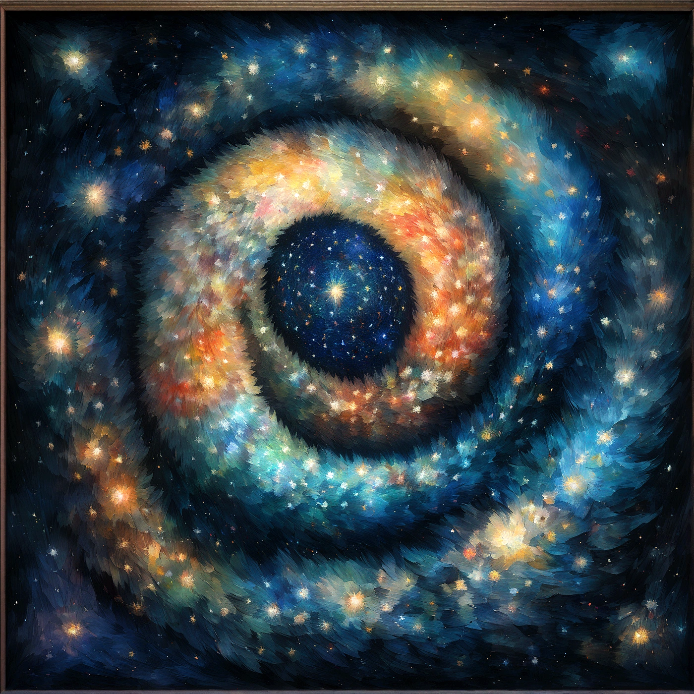 Coarse brush strokes and wet paint,Fibonacci,Golden Ratio,Melted wax,Visible handwriting,Oil painting on canvas,Thick brushwork,Extremely detailed,8K Ultra HD,Ultra-realistic,Van Gogh's Starry Sky