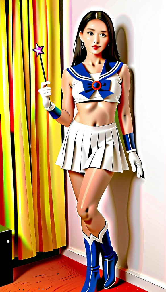 (best quality, high quality, realistic, photo realistic),1girl, sailor senshi unifoem, {{magical gloves, magical boots}}, bow, brooch,pleated miniskirt, magical girl, earrings, long hair, nsfw, latex, large_breasts, korean idol, holding wand, wand, wand effect,agic effect, standing, crossed legs, dakimakura, idol, akb48