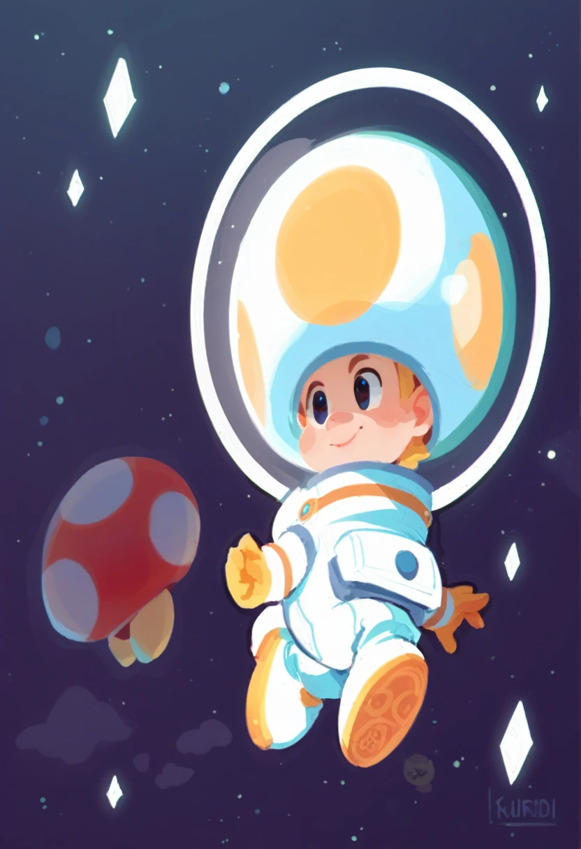 Toad, toad from mario bros, flying in the space, space suit
