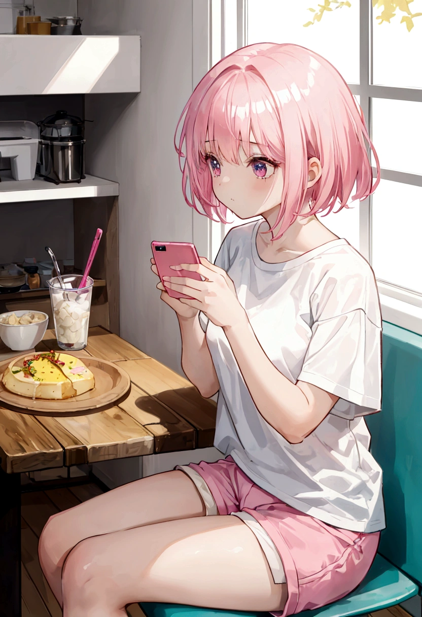 Disney Pixar style, cute girl with short pink hair with bangs, wearing white tshirt and pink shorts, view back, looking away, playing on my cell phone sitting at the kitchen table, a white cup of coffee on the table, realistic, 8k