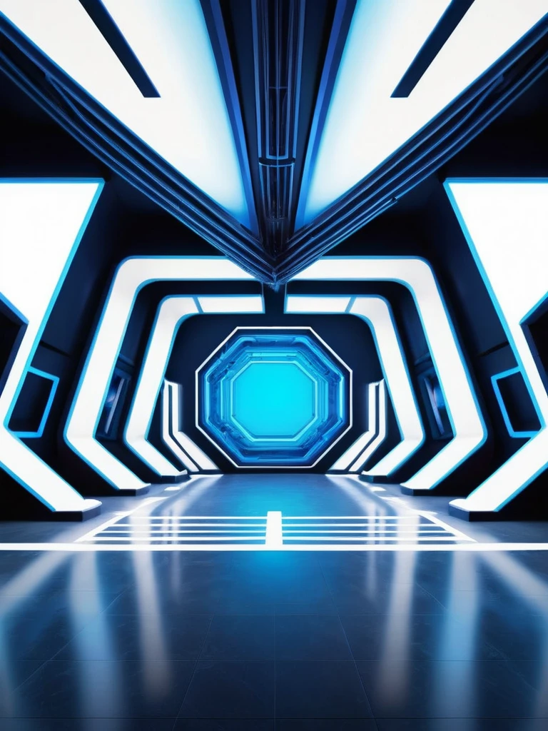 music producer studio, sala vacía con neones bluees, neon futuristic background image, symmetrical image, hell, White wall, negro, blue, abstract, Ceiling
