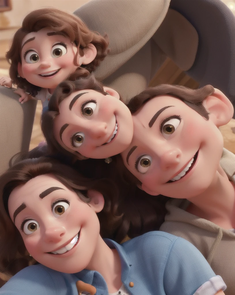 Create an image inspired by Disney Pixar cartoon design. The image shows a woman smiling, a brunette man smiling and a in the middle smiling.