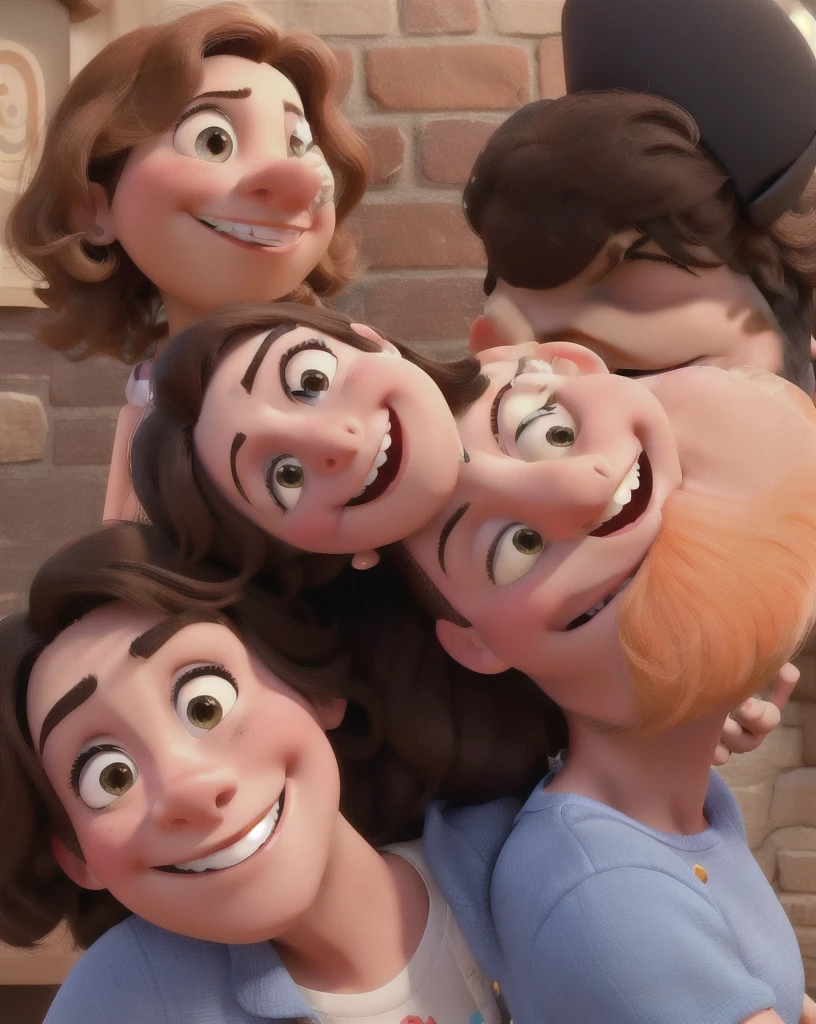 Create an image inspired by Disney Pixar cartoon design. The image shows a woman smiling, a brunette man smiling and a  in the middle smiling.