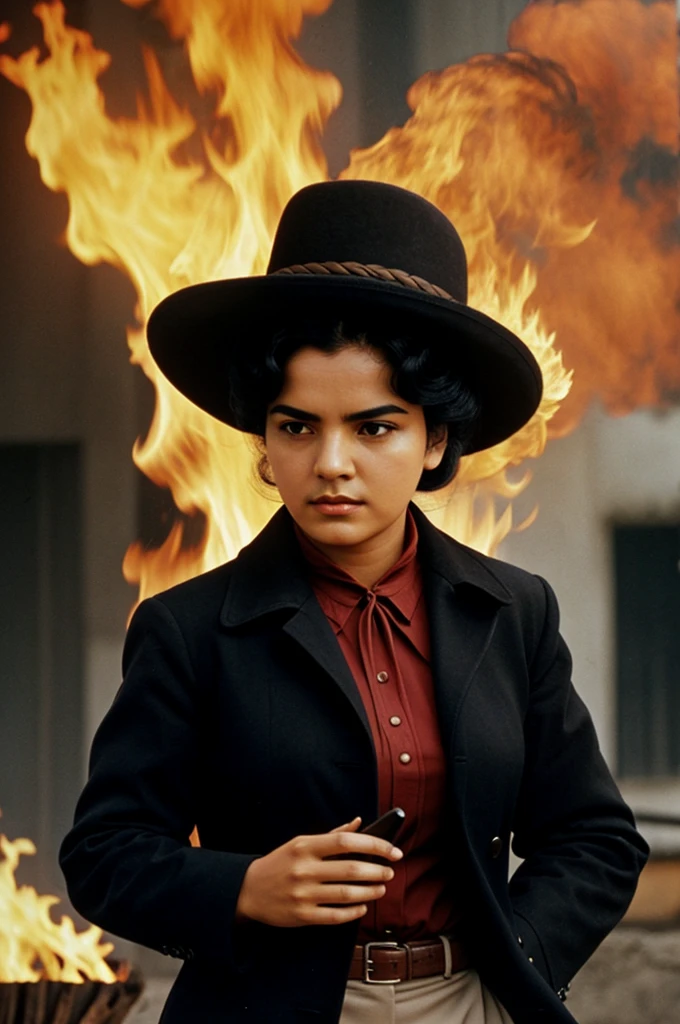 Beautiful woman perfect black hair, burning an image of Jesús Malverde 
