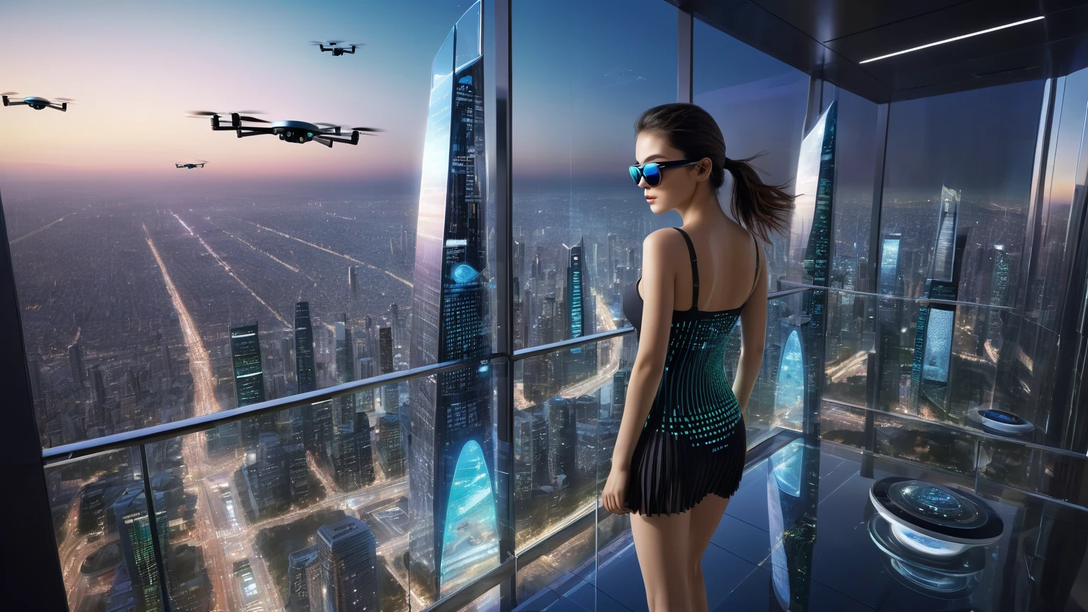 aerial view. Estilo: arte conceitual. A cena: Futuristic cityscapes with all-glass towering skyscrapers and (((sleek aerodynamic vehicles))) speeding through the air, 1drone. High-resolution OLED GUI interfaces in the building, The windows are filled with transparent data visualization infographics that show it all, from weather patterns to traffic flow, Matrix cascading code. Colors are saturated and vibrant, com rosas e roxos quentes dominando o horizonte. The overall effect is beautiful and inspiring. Matrix style, at night, dark sky, (((1girl, solo))), photo realistic, (((medium-breast:1.3 slim body, cleavage))), (((sling top, extreamly short pleated miniskirt exposing panty))), (((((running pose))))), (((((matrix style black sunglasses))))), (((aiming at camera with a short gun))), (((((looking at camera))))), (((very low view))), (((((half-body thigh level medium shot))))), (((cinematic lighting))).