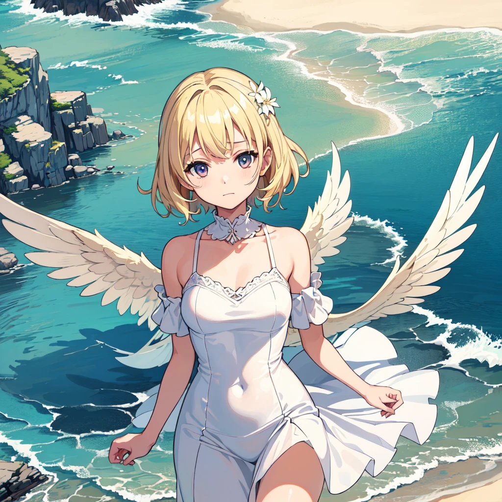 (masterpiece, high quality, beautiful graphics, high detail、detailed face),(One cute girl walking on the sandy beach,Blonde medium hair、Short-sleeved white one-piece long skirt)、(Shining eyes)、両腕をzeroに向かって広げている、(Large white wings grow on the girl&#39;s back.), (zero), (cloud), soft lighting, pretty background, beautiful scenery,  spectacular scenery, ocean shore, (夏zero), (flying machine cloud), (warm midsummer sunshine、Ocean、青zero、Daytime brightness)、beautiful anime
