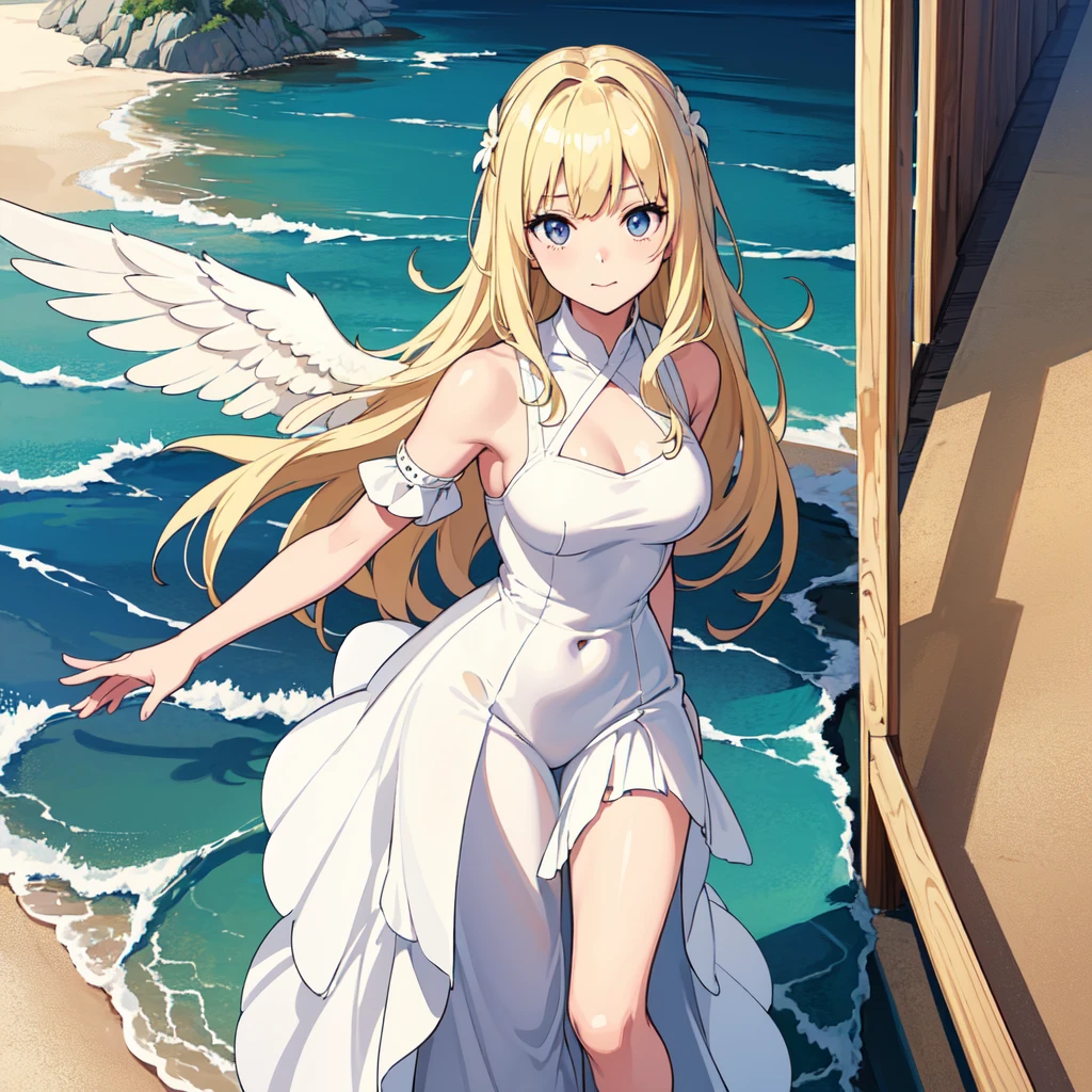 (masterpiece, high quality, beautiful graphics, high detail、detailed face),(One cute girl walking on the sandy beach,Blonde medium hair、Short-sleeved white one-piece long skirt)、(Shining eyes)、両腕をzeroに向かって広げている、(Large white wings grow on the girl&#39;s back.), (zero), (cloud), soft lighting, pretty background, beautiful scenery,  spectacular scenery, ocean shore, (夏zero), (flying machine cloud), (warm midsummer sunshine、Ocean、青zero、Daytime brightness)、beautiful anime