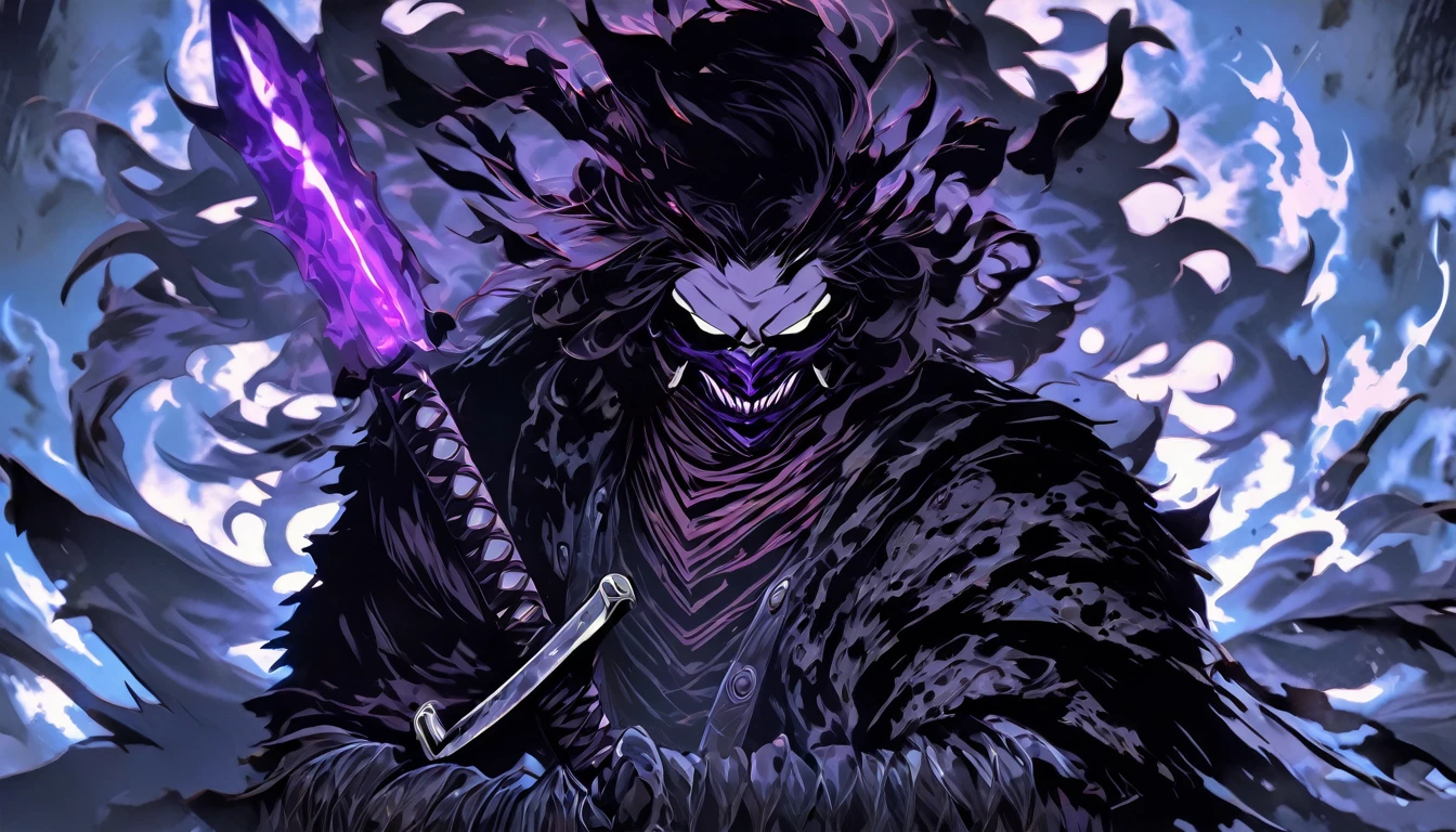 demon mask, sword on the hand,close up, black heavy detailed clothes, hand katana, art, dark and malevolent, hand sword, armor, powerful and intimidating, (masterpiece, best quality, ultra-detailed, best shadow), (detailed background, dark fantasy) dramatic light, intricate details, dark and malevolent, powerful and intimidating, Dark and foreboding, malevolent force, sinister and chilling, armor, high detailed background, girl in demon slayer art, demon slayer art style, epic anime art, God death
