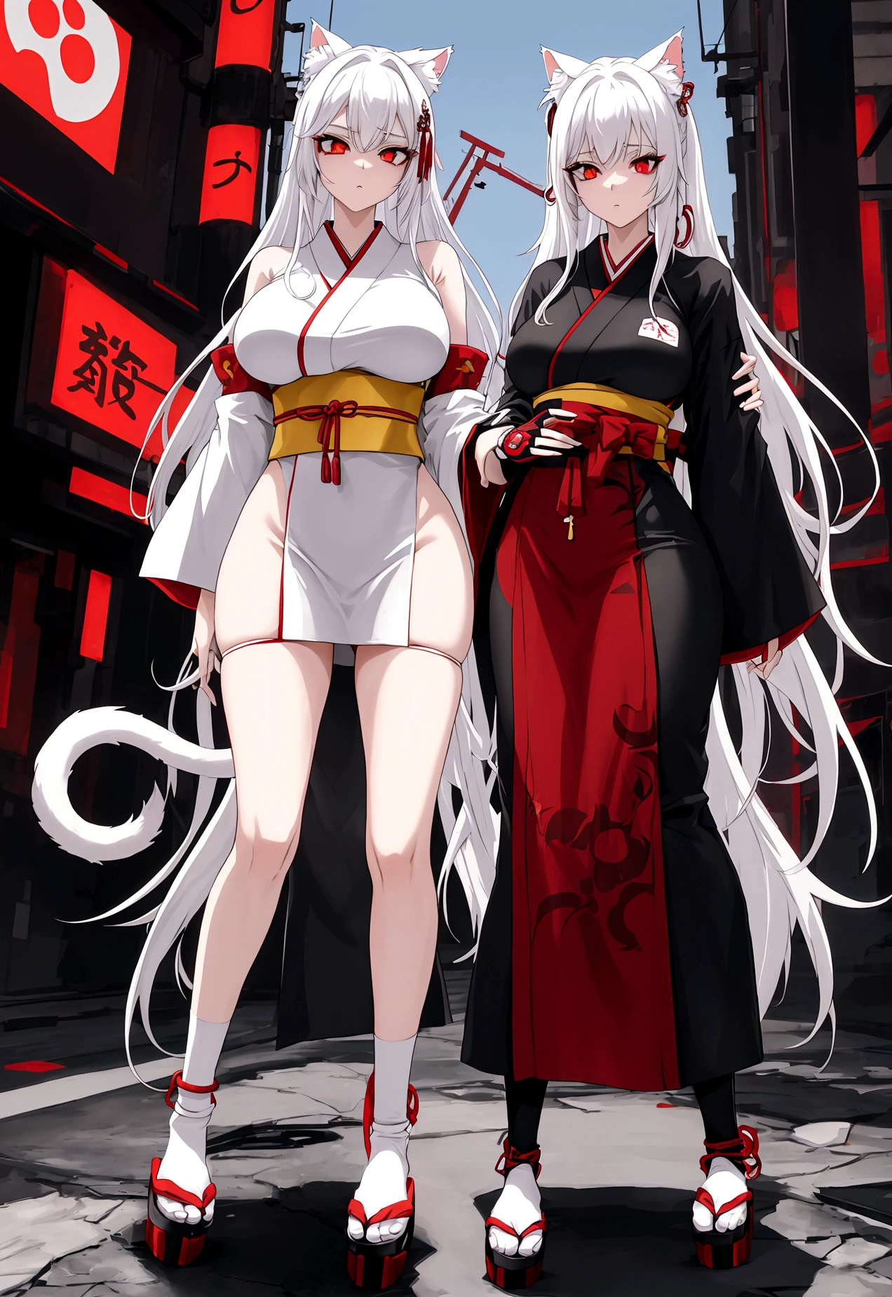 Make a full body character with 2D graphics based on current anime 4k-8k The character is 22 years old. Mature body with big breasts and curves. Eyes red, white cat ears, long white hair down to the ankles. Cat's furry tail. The outfit is a mix of traditional Japanese kimono, Qipao chines stylized in a cyberpunk way. The colors of the clothes are predominantly white with details of blood red and gold.. With sock 3/4 black and white, sandalhas ninja estilo cyberpunk.