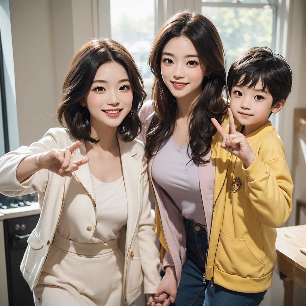 2heads, best resolution, korean woman with three heads, smiling different heads, holding baby, black shirt