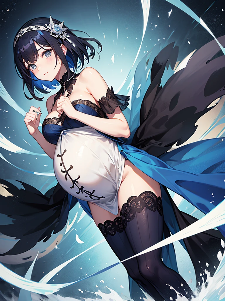 Pregnant woman with dark blue hair, flapper dress