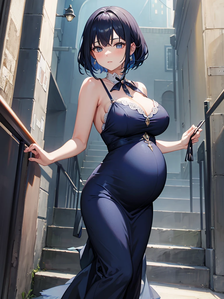 Pregnant woman with dark blue hair, flapper dress