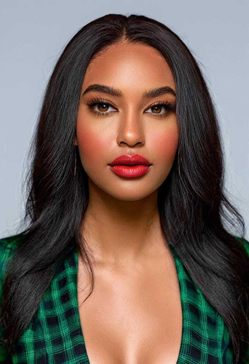 A beautiful woman, beautiful Latin face, young Brazilian Nyvi Estephan, Brazilian supermodel, serene and elegant beauty, Angolan descent, young adult 30 years old, nerdy woman, tall woman, a stunning black woman, with indigenous features, beautiful indigenous girl, native Brazilian, ((An indigenous African girl with European ebony)), ((her beauty is undeniable)), beautiful young ebony with dark skin, tanned Mexican, black hair with brown highlights, black curly hair with brown highlights, voluminous black hair with Brown highlights, vibrant and dynamic cut with soft waves can add a modern and stylish touch. Has an exotic beauty with beautiful green eyes, realistic green eyes, bright green eyes, ultra detailed green eyes, ultra realistic green eyes, natural green eyes, ultra detailed iris, perfect eyes, perfect iris, hyper realistic eyes, eyeliner, long eyelashes and defined, penetrating gaze that conveys confidence, striking, powerful expression, strong presence, striking makeup, vibrant red lipstick, full lips, voluminous lips, seductive lips, captivating, striking, unforgettable, dazzling and mischievous smile, wide smile, your features are captivating , subtle smile on his lips. beautiful and detailed face, detailed skin texture, Notice her perfectly shaped eyebrows, which arch gracefully above her eyes, small nose that is proportionate to her face, and soft contour of her face that accentuates her high cheekbones. Beautiful and glowing skin, intricate details, smooth skin, healthy and radiant appearance, Attractive slim woman, Average bust, Average and beautiful breasts, athletic physique, flat stomach, slim waist, huge hips, wide hips, big ass, thick thighs, legs shapely concept art. She wears a red and black plaid shirt with long sleeves, a short black latex skirt and long black knee-high boots. 3D 4k, high resolution, full sharpness photo realistic, breathtaking, Lentille nette, Photographie professionnelle, Objectif 70mm, Unreal Engine 5, wallpaper, colorful