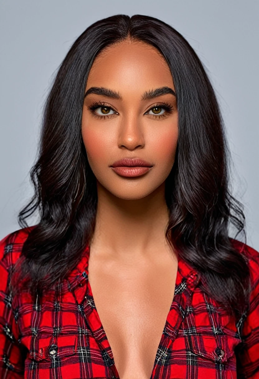 A beautiful woman, beautiful Latin face, young Brazilian Nyvi Estephan, Brazilian supermodel, serene and elegant beauty, Angolan descent, young adult 30 years old, nerdy woman, tall woman, a stunning black woman, with indigenous features, beautiful indigenous girl, native Brazilian, ((An indigenous African girl with European ebony)), ((her beauty is undeniable)), beautiful young ebony with dark skin, tanned Mexican, black hair with brown highlights, black curly hair with brown highlights, voluminous black hair with Brown highlights, vibrant and dynamic cut with soft waves can add a modern and stylish touch. Has an exotic beauty with beautiful green eyes, realistic green eyes, bright green eyes, ultra detailed green eyes, ultra realistic green eyes, natural green eyes, ultra detailed iris, perfect eyes, perfect iris, hyper realistic eyes, eyeliner, long eyelashes and defined, penetrating gaze that conveys confidence, striking, powerful expression, strong presence, striking makeup, vibrant red lipstick, full lips, voluminous lips, seductive lips, captivating, striking, unforgettable, dazzling and mischievous smile, wide smile, your features are captivating , subtle smile on his lips. beautiful and detailed face, detailed skin texture, Notice her perfectly shaped eyebrows, which arch gracefully above her eyes, small nose that is proportionate to her face, and soft contour of her face that accentuates her high cheekbones. Beautiful and glowing skin, intricate details, smooth skin, healthy and radiant appearance, Attractive slim woman, Average bust, Average and beautiful breasts, athletic physique, flat stomach, slim waist, huge hips, wide hips, big ass, thick thighs, legs shapely concept art. She wears a red and black plaid shirt with long sleeves, a short black latex skirt and long black knee-high boots. 3D 4k, high resolution, full sharpness photo realistic, breathtaking, Lentille nette, Photographie professionnelle, Objectif 70mm, Unreal Engine 5, wallpaper, colorful