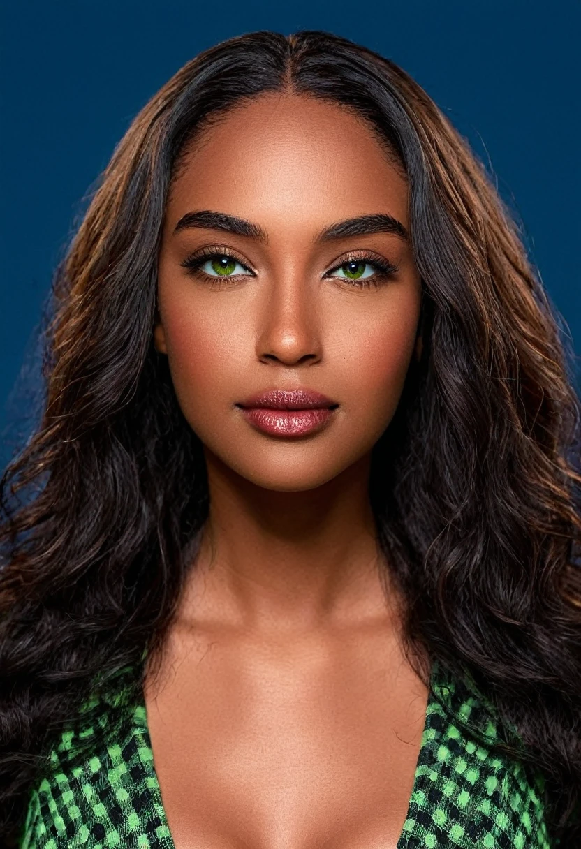 A beautiful woman, beautiful Latin face, young Brazilian Nyvi Estephan, Brazilian supermodel, serene and elegant beauty, Angolan descent, young adult 30 years old, nerdy woman, tall woman, a stunning black woman, with indigenous features, beautiful indigenous girl, native Brazilian, ((An indigenous African girl with European ebony)), ((her beauty is undeniable)), beautiful young ebony with dark skin, tanned Mexican, black hair with brown highlights, black curly hair with brown highlights, voluminous black hair with Brown highlights, vibrant and dynamic cut with soft waves can add a modern and stylish touch. Has an exotic beauty with beautiful green eyes, realistic green eyes, bright green eyes, ultra detailed green eyes, ultra realistic green eyes, natural green eyes, ultra detailed iris, perfect eyes, perfect iris, hyper realistic eyes, eyeliner, long eyelashes and defined, penetrating gaze that conveys confidence, striking, powerful expression, strong presence, striking makeup, vibrant red lipstick, full lips, voluminous lips, seductive lips, captivating, striking, unforgettable, dazzling and mischievous smile, wide smile, your features are captivating , subtle smile on his lips. beautiful and detailed face, detailed skin texture, Notice her perfectly shaped eyebrows, which arch gracefully above her eyes, small nose that is proportionate to her face, and soft contour of her face that accentuates her high cheekbones. Beautiful and glowing skin, intricate details, smooth skin, healthy and radiant appearance, Attractive slim woman, Average bust, Average and beautiful breasts, athletic physique, flat stomach, slim waist, huge hips, wide hips, big ass, thick thighs, legs shapely concept art. She wears a red and black plaid shirt with long sleeves, a short black latex skirt and long black knee-high boots. 3D 4k, high resolution, full sharpness photo realistic, breathtaking, Lentille nette, Photographie professionnelle, Objectif 70mm, Unreal Engine 5, wallpaper, colorful