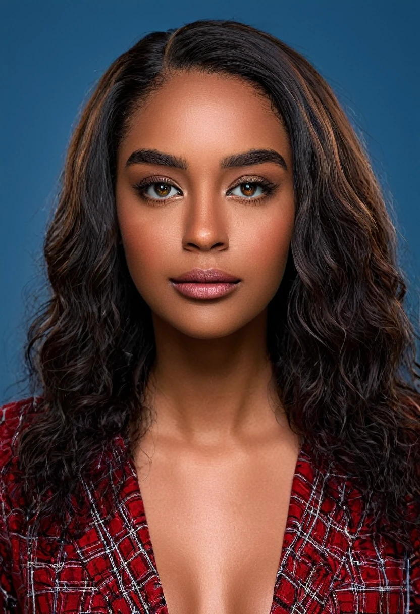 A beautiful woman, beautiful Latin face, young Brazilian Nyvi Estephan, Brazilian supermodel, serene and elegant beauty, Angolan descent, young adult 30 years old, nerdy woman, tall woman, a stunning black woman, with indigenous features, beautiful indigenous girl, native Brazilian, ((An indigenous African girl with European ebony)), ((her beauty is undeniable)), beautiful young ebony with dark skin, tanned Mexican, black hair with brown highlights, black curly hair with brown highlights, voluminous black hair with Brown highlights, vibrant and dynamic cut with soft waves can add a modern and stylish touch. Has an exotic beauty with beautiful green eyes, realistic green eyes, bright green eyes, ultra detailed green eyes, ultra realistic green eyes, natural green eyes, ultra detailed iris, perfect eyes, perfect iris, hyper realistic eyes, eyeliner, long eyelashes and defined, penetrating gaze that conveys confidence, striking, powerful expression, strong presence, striking makeup, vibrant red lipstick, full lips, voluminous lips, seductive lips, captivating, striking, unforgettable, dazzling and mischievous smile, wide smile, your features are captivating , subtle smile on his lips. beautiful and detailed face, detailed skin texture, Notice her perfectly shaped eyebrows, which arch gracefully above her eyes, small nose that is proportionate to her face, and soft contour of her face that accentuates her high cheekbones. Beautiful and glowing skin, intricate details, smooth skin, healthy and radiant appearance, Attractive slim woman, Average bust, Average and beautiful breasts, athletic physique, flat stomach, slim waist, huge hips, wide hips, big ass, thick thighs, legs shapely concept art. She wears a red and black plaid shirt with long sleeves, a short black latex skirt and long black knee-high boots. 3D 4k, high resolution, full sharpness photo realistic, breathtaking, Lentille nette, Photographie professionnelle, Objectif 70mm, Unreal Engine 5, wallpaper, colorful