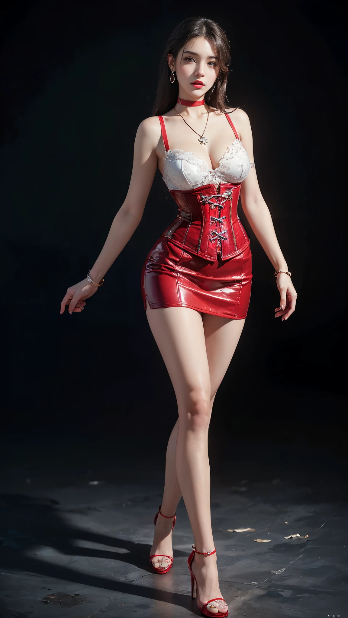 ((masterpiece:1.4)、(Highest quality:1.4)、(Realistic:1.7))、Masterpiece:1.4、(Top-notch rendering:1.4)、Super Beautiful Girl 5、Ultra-Realistic Portraits、((1 Girl:1.4))、Shiny natural skin texture、(Fashionable outfits:1.4)、(Sexy red corset:1.4)、(Sexy Mini Skirt Costume:1.4)、(An outfit that emphasizes beautiful breasts:1.4)、Attractive girl、19 years old、(Cute Tattoos:1.4)、(Perfect female body:1.4)、(Girl portrait photography:1.4)、8K、(Photorealistic images:1.4)、(Standing:1.4)、(Upper body photo:1.4)、Fantasy art、Soft front light、(Beautiful Face:1.4)、Beautiful breasts、Large Breasts:1.2、sexy ass、Detailed eyes、Beautiful and attractive eyes、Beautiful Eyes、(Narrow waist:1.4)、(9-body proportions beautiful girl:1.4)、(A beautiful girl with long legs and a good figure:1.4)、Beautiful feet:1.2、Raw photo、Red lips、Red high heels、(choker:1.4、necklace:1.4、Earrings:1.4)