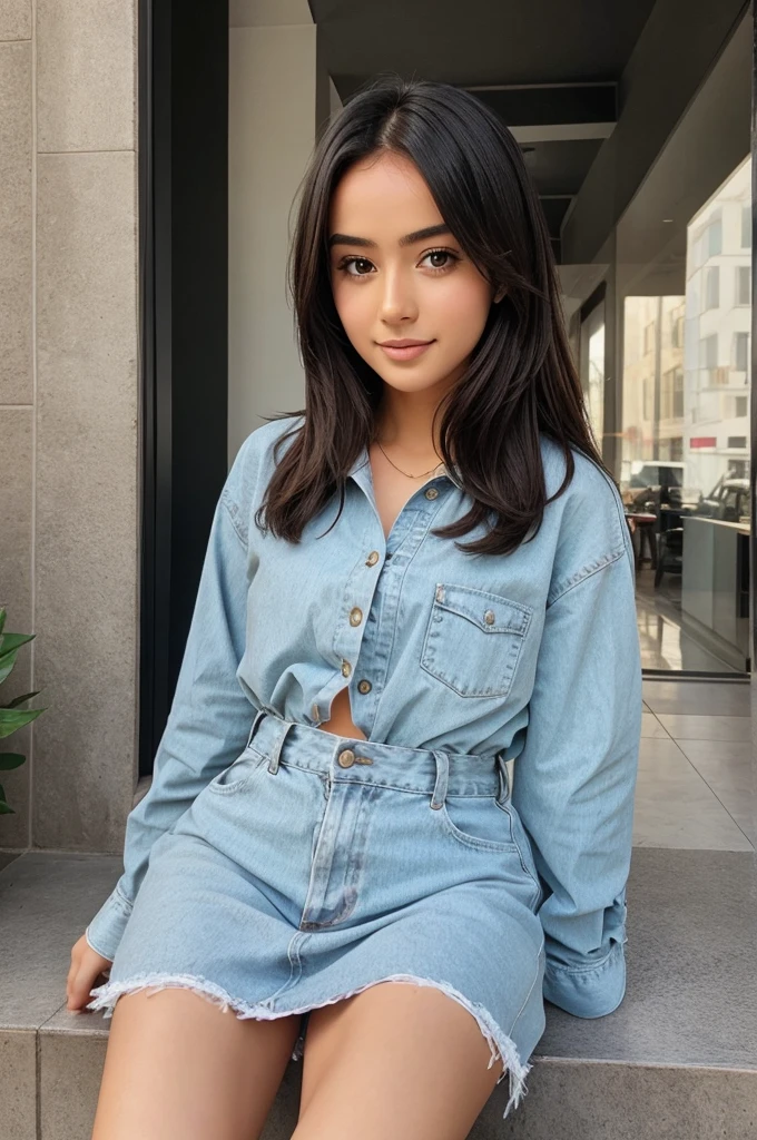 Model, blue hair, thick hair, clean face, green eyes, big boos, wearing a yellow t shirt and jeans, boots in feet , smiling, at the one world trade center