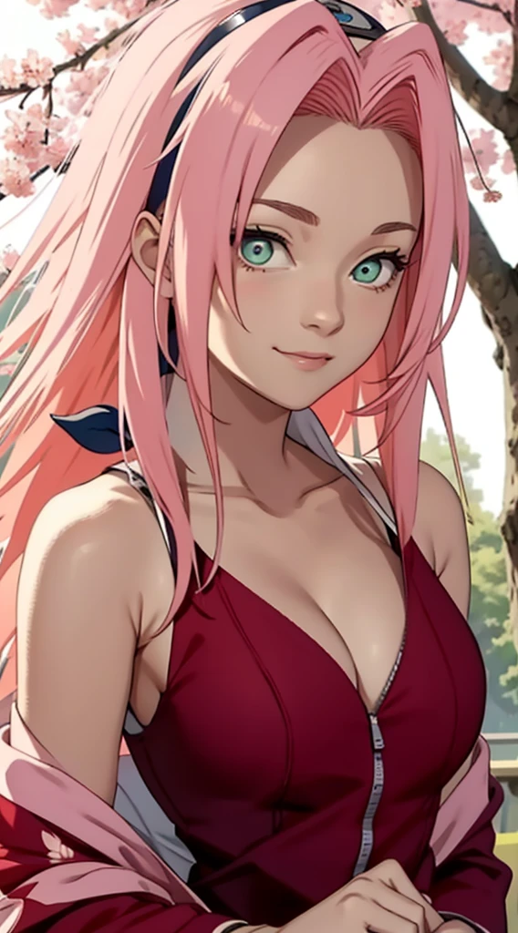 tmasterpiece, Best quality at best, 1girll, Sakura Haruno, Large breasts,Off-the-shoulder attire,(cleavage),(upperbody closeup),Raised sexy,is shy,ssmile,with pink hair, long whitr hair, (Green eyeballs:1.4), Forehead protection, the cherry trees,Cherry blossoms flying,Red clothes,Zipper half