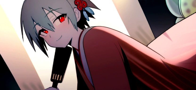 masterpiece, best quality, 1boy, kaworu nagisa, cute, hot, elegant, seductive, red eyes, ancient japan background, boy wearing female kimono, revealing kimono, red decorative kimono, hair accessories, holding fan, smiling sweetly