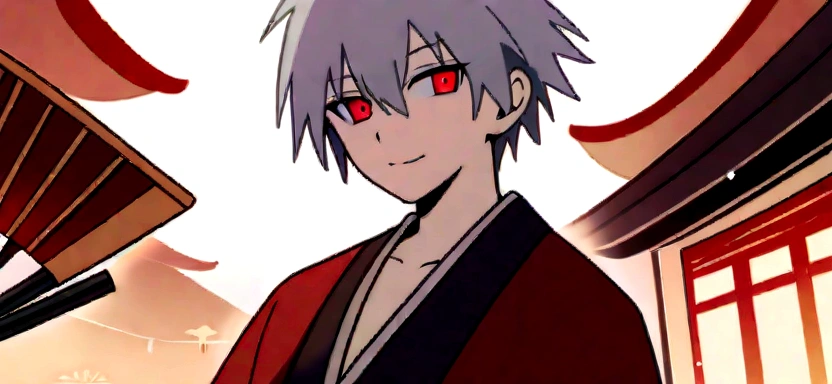 masterpiece, best quality, 1boy, kaworu nagisa, cute, hot, elegant, seductive, red eyes, ancient japan background, boy wearing female kimono, revealing kimono, red decorative kimono, hair accessories, holding fan, smiling sweetly