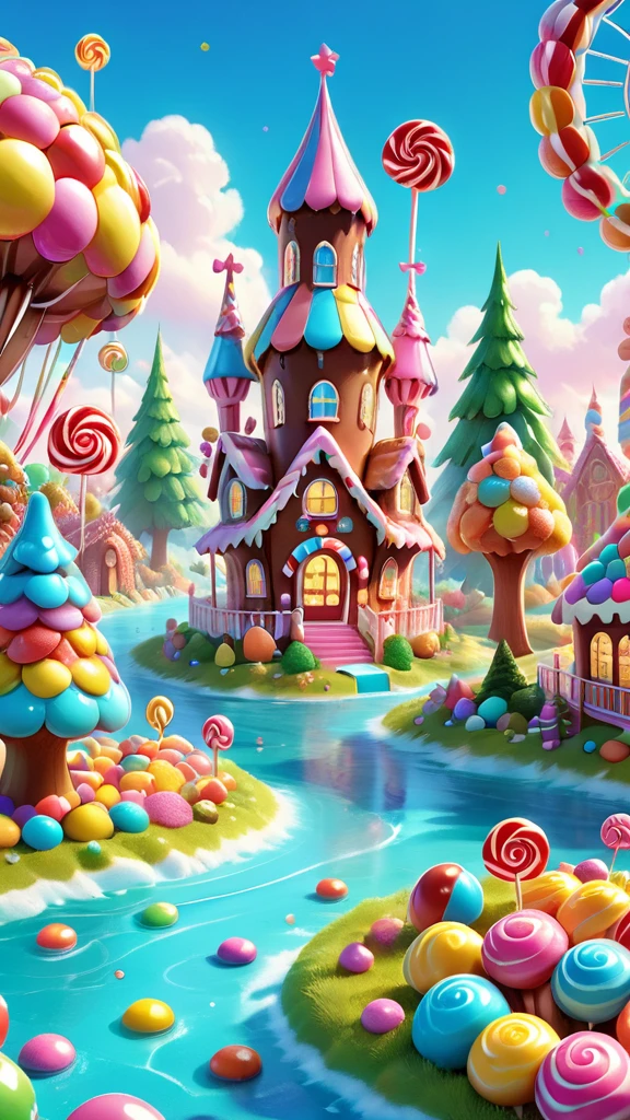 chocolate，Gingerbread Man，candyland。Candy Castle。Candy Ferris Wheel。Fantasy Candy Castle。Colorful。rich colors。C4D，rendering。CORDERAIO illustration of Candy Land, in a cartoon style, fantasy landscape with colorful lollipops and chocolate bars, trees shaped like characters, a small house made from candies on an island surrounded by water, a blue sky with white clouds, bright colors, high resolution, high quality, high detail, digital art, fantasy, magical.