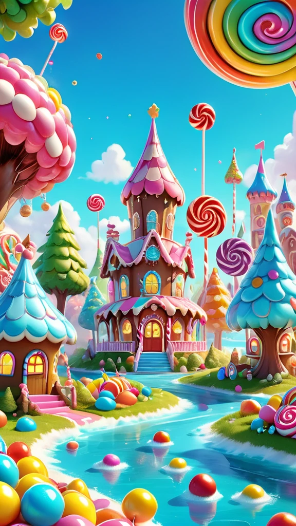 chocolate,Gingerbread Man,candyland。Candy Castle。Candy Ferris Wheel。Fantasy Candy Castle。Colorful。rich colors。C4D,rendering。CORDERAIO illustration of Candy Land, in a cartoon style, fantasy landscape with colorful lollipops and chocolate bars, trees shaped like characters, a small house made from candies on an island surrounded by water, a blue sky with white clouds, bright colors, high resolution, high quality, high detail, digital art, fantasy, magical.