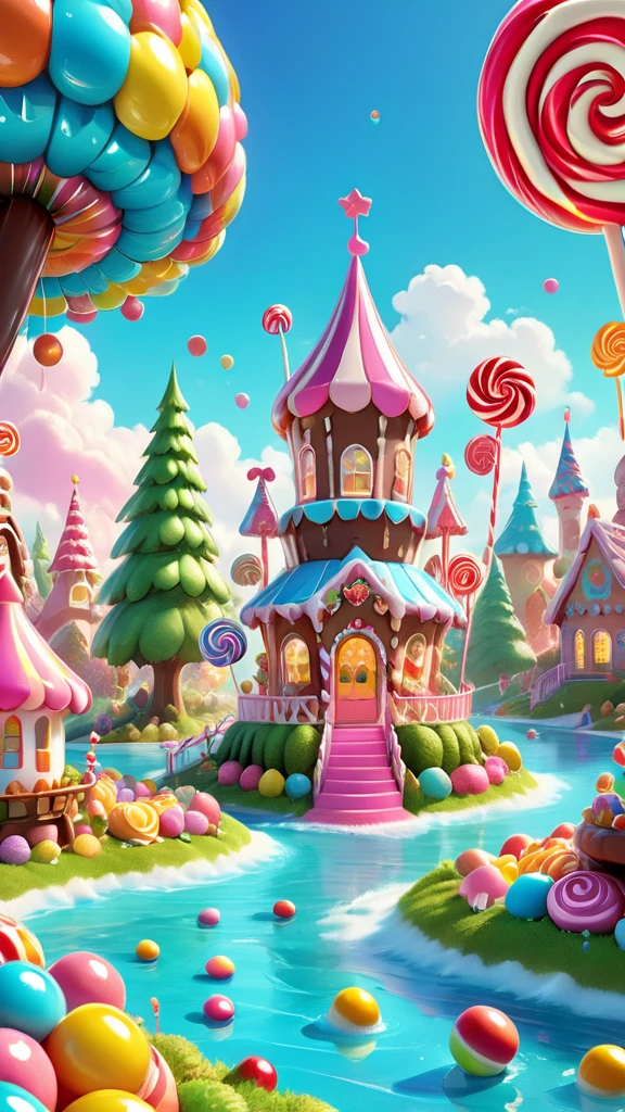 chocolate，Gingerbread Man，candyland。Candy Castle。Candy Ferris Wheel。Fantasy Candy Castle。Colorful。rich colors。C4D，rendering。CORDERAIO illustration of Candy Land, in a cartoon style, fantasy landscape with colorful lollipops and chocolate bars, trees shaped like characters, a small house made from candies on an island surrounded by water, a blue sky with white clouds, bright colors, high resolution, high quality, high detail, digital art, fantasy, magical.