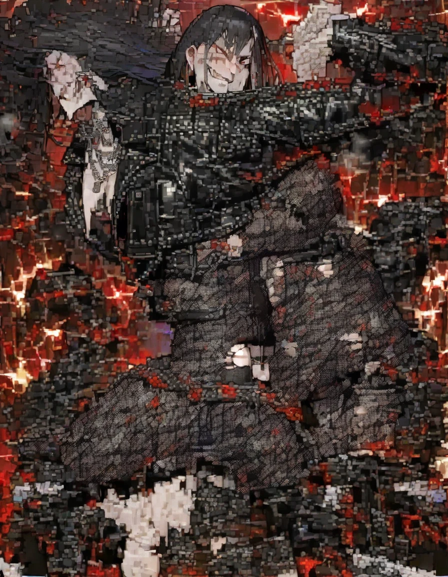 best quality, masterpiece, ultra-detailed, illustration, ratatatat74, dynamic pose, Yoru, yorucsm, face scar, red eyes, black hair, looking at viewer, (evil smile), heavy eyeliner, (wearing a leather jacket, platform boots:1.2), adorned with studded accessories, (layered necklaces), bold patterns, (torn fishnet pantyhose:1.2), black miniskirt, dramatic makeup, black nail polish, oversized rings, close-up shot, thick thighs, big breasts, big ass, wide hips, hip dip, glossy lips, cinematic lighting, volumetric lighting, vibrant colors, ray tracing, intricate details in 8k or 4k resolution