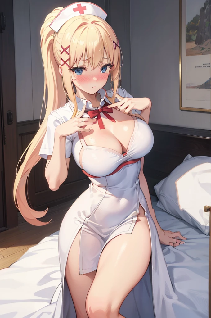 masterpiece, best quality, high resolution, best illustration, super fine illustration, (official art:0.8), (anime screencap:1.2), detailed beautiful face and eyes, anime keyvisual, (perfect anatomy:1.2), 8k portrait, (detail focus fingers:1.5), nsfw, (seductive pose:1.2),
1girl,
long hair, ponytail, x hair ornament,
blonde hair,
(blue eyes:1.2),
large breasts,
(blush:1.5), ((nurse)), nurse cap, breast pocket, collared dress, short dress, short sleeves, thighs, white dress, white headwear,
cowboy shot,
natural light, background of indoor, hospital, lie on the bed,