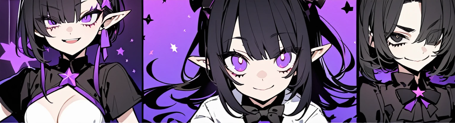A girl with long black hair with straight bangs, with hair cut at the ends. Two large strands in the front, one bigger than the other. A rebel thread. A small white streak in your bangs. Two demon horns, one purple and one black, both with a dark purple star. one black eye and one purple eye. A purple star on your right cheek. black wide pants. All star shoe. Full white shirt with a bow tie with a star in the middle, with short sleeves.  a big chest . Grinning. She is a star demon. She is standing looking at the camera. In one of his eyes a star in the black eye case, in the black eye and just black. Sex girl. Sex girl. One black eye and one purple eye 
