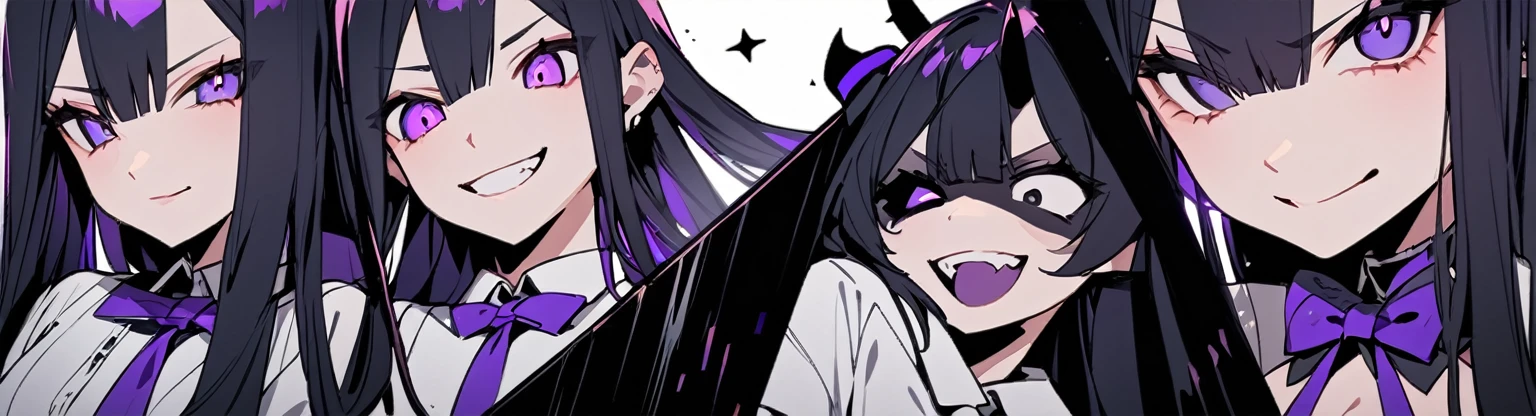 A girl with long black hair with straight bangs, with hair cut at the ends. Two large strands in the front, one bigger than the other. A rebel thread. A small white streak in your bangs. Two demon horns, one purple and one black, both with a dark purple star. one black eye and one purple eye. A purple star on your right cheek. black wide pants. All star shoe. Full white shirt with a bow tie with a star in the middle, with short sleeves. a big chest . Grinning. She is a star demon. She is standing looking at the camera. In one of his eyes a star in the black eye case, in the black eye and just black. Sex girl. Sex girl. One black eye and one purple eye
