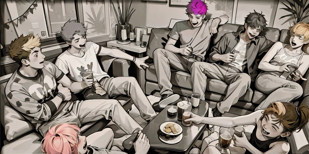 A group of 16-year-olds with t-shirts, there are teenage women and men, they are happy, singing and laughing at a party, they are sitting on a sofa enjoying drinks and food.