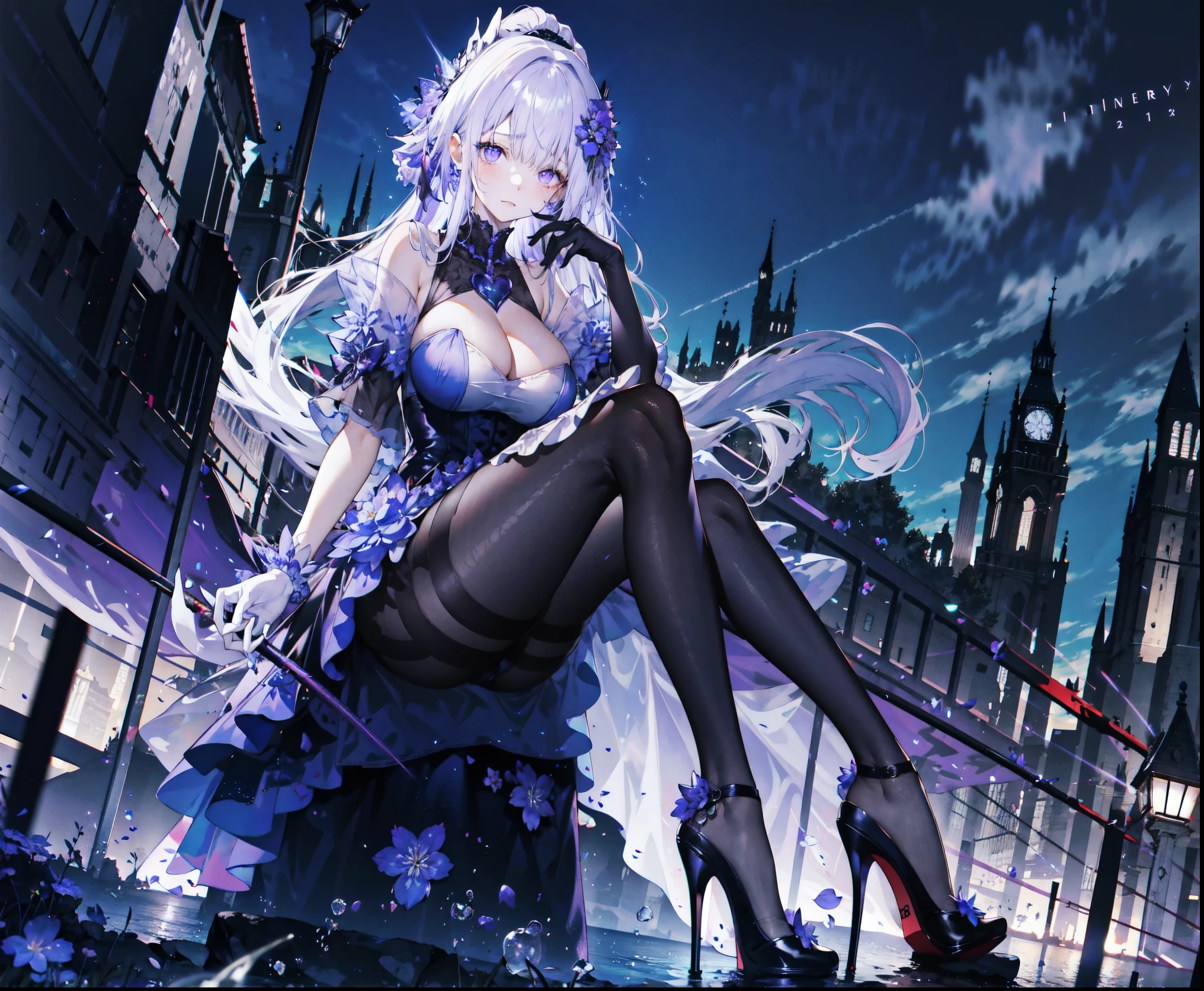 ((masterpiece:1.4,best quality)),(Super detailed),(Extremely detailed eyes),(Shiny socks:1.5),Hello Darkness
(Cute girls),,(Blood-red pupils,Diamond-shaped pupil:1.15),Purple Eyeshadow,(elongated hair,Thick hair,Single ponytail,shiny hair:1.5)(Changes through:1.2),despair,sad,Empty eyes,tears streaming down my face,tilting its head to the side,
(She wore a blue dress,:1.5),(Black gloves:1.4)Very long plush sleeves,White,White Cloud,Dream bubbles ,Ice and glitter effects
(Black long skirt:1.1),
((Starry Sky:1.2)),
(Intense black and white:1.16),(Depth of Field:1.4),,Intricate details,(((Detailed background,Castle in the Sky,Purple flowers by the lake))),(((Huge breasts,Bare breasts,Deep cleavage,White stiletto high heels,Transparent clothes)))